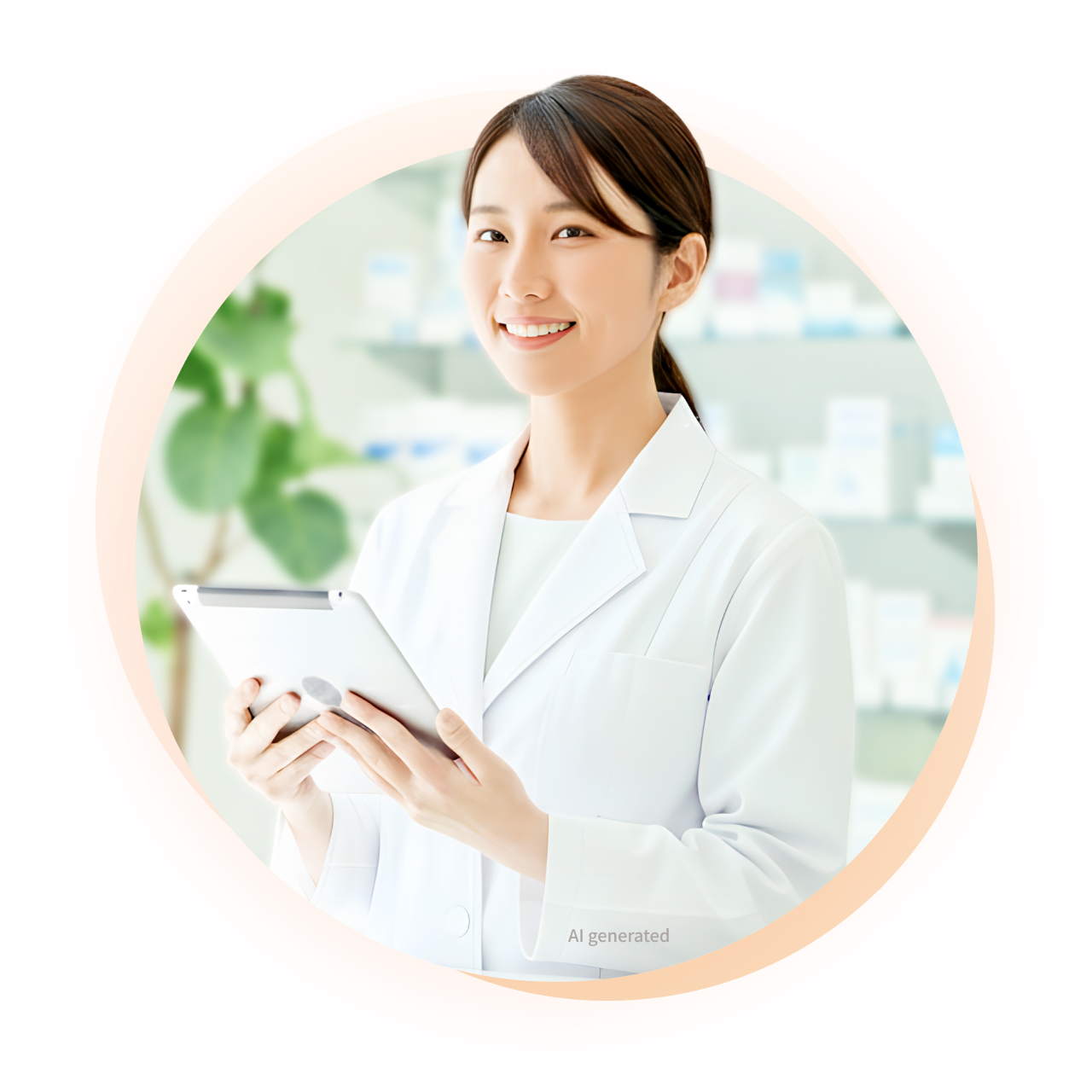 薬剤師がタブレットを持ち微笑んでいる